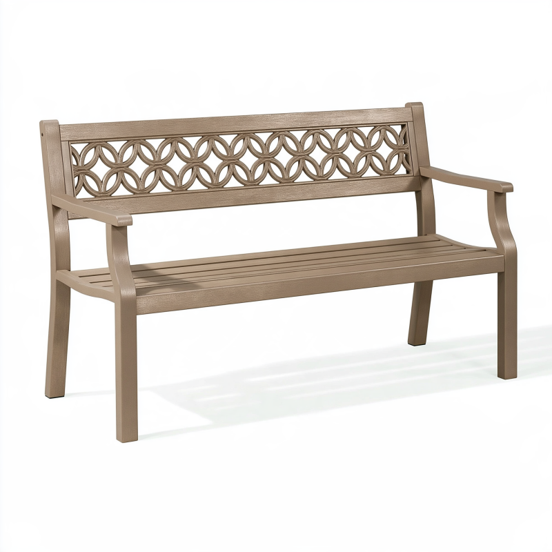 Gartenbank 122 x 61 x 88 cm Kunststoff Taupe mit Armlehnen und Zier-Rückenlehne