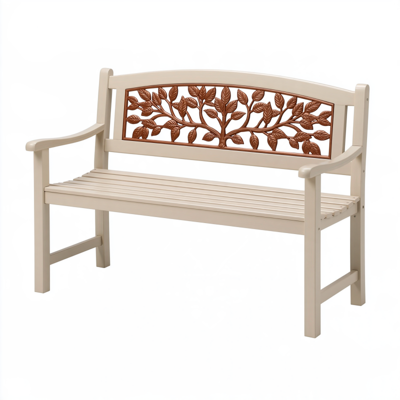 Gartenbank 120 x 56 x 90 cm aus Holz und Metall in Beige Braun mit Blattmotiv