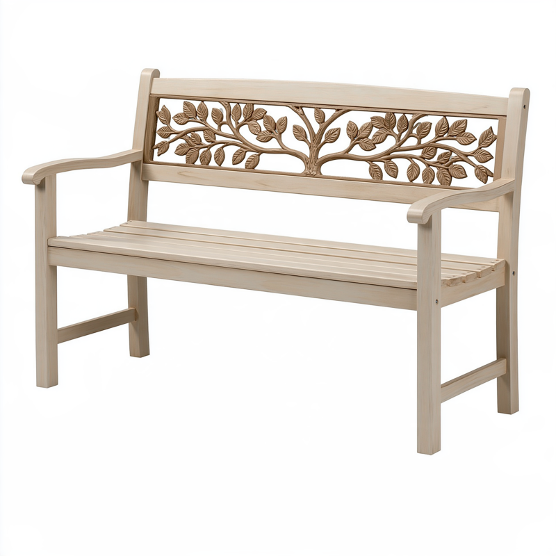 Gartenbank 120 cm aus Holz Naturbraun mit Armlehnen Blattmotiv