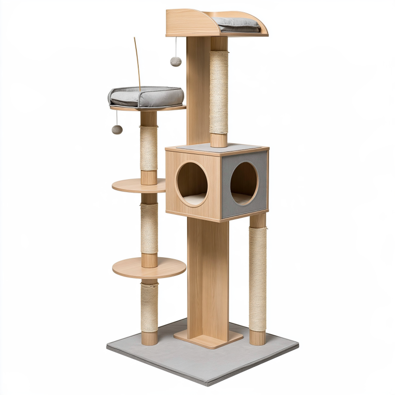 Katzenkratzbaum 60 x 60 x 180 cm aus Holz und Sisal in Naturholz Grau mit Höhlen und Liegeflächen
