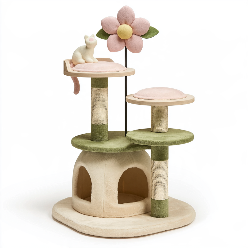 Kratzbaum 60 x 50 x 120 cm aus Plüsch und Sisal in Beige Grün Rosa mit Höhlen und Liegeflächen