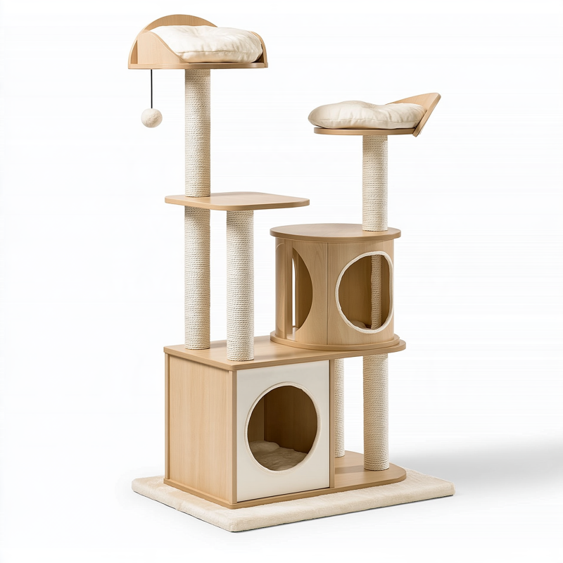 Kratzbaum 70 x 50 x 170 cm aus Holz und Sisal in Naturbeige mit Höhlen und Liegeflächen