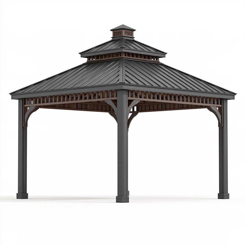 Gartenpavillon 400 cm 400 cm 330 cm Metall Anthrazit Braun mit Doppeldach