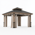 Gartenpavillon 300 x 300 x 300 cm aus Metall in Anthrazit Braun Beige mit Vorhängen und Doppeldach