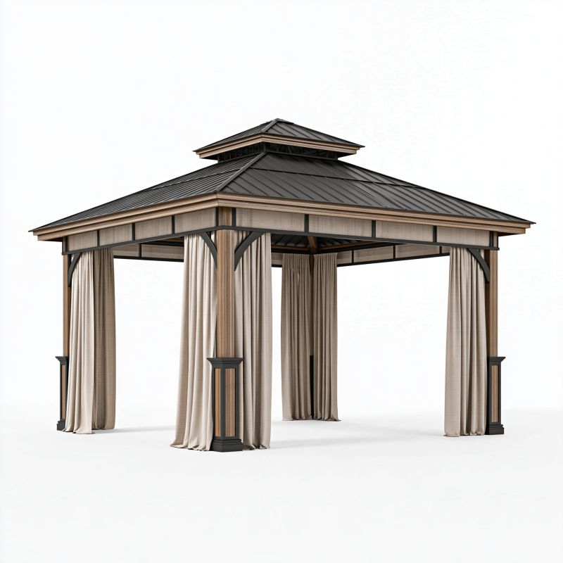 Gartenpavillon 300 x 300 x 300 cm aus Metall in Anthrazit Braun Beige mit Vorhängen und Doppeldach