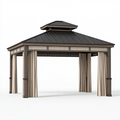 Gartenpavillon 400 x 300 x 300 cm Metall Braun Schwarz Beige mit Vorhängen