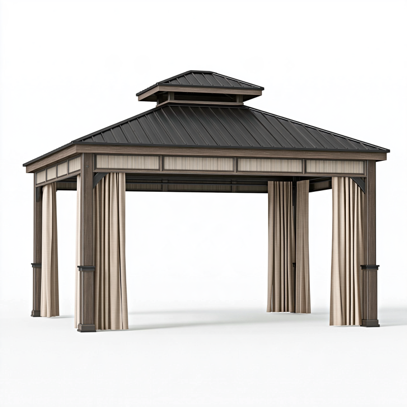 Gartenpavillon 400 x 300 x 300 cm Metall Braun Schwarz Beige mit Vorhängen