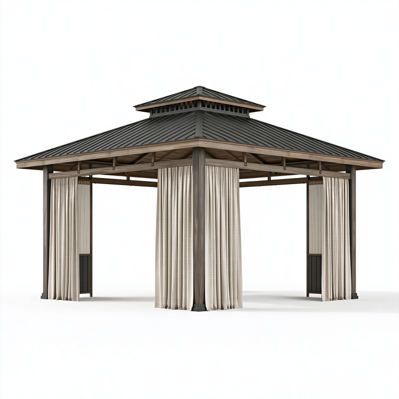 Gartenpavillon 300 x 300 x 300 cm Holz Metall Beige Anthrazit mit Vorhängen