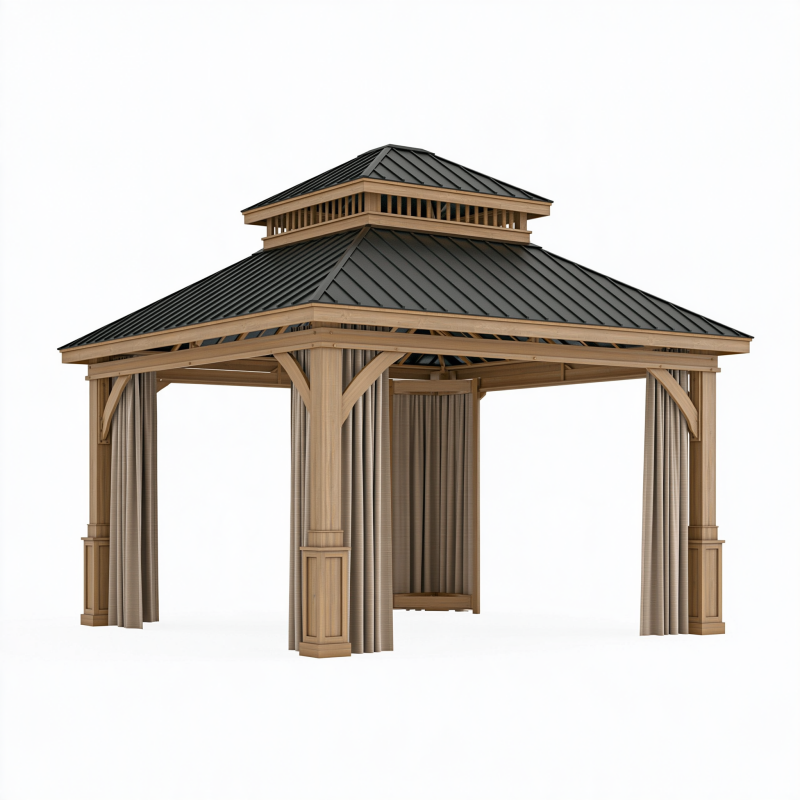 Pavillon 400 x 400 x 350 cm Holz Beige Schwarz mit Metall Dach und Vorhängen