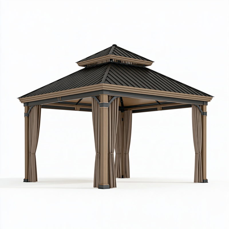 Gartenpavillon 300 x 300 cm Metall Beige Schwarz mit Vorhängen und Doppeldach
