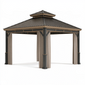 Gartenpavillon 300 x 300 x 300 cm aus Stahl Dunkelgrau mit Textilvorhängen und Hartdach