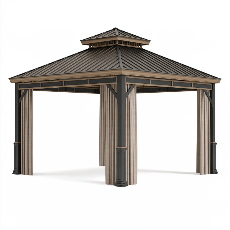 Gartenpavillon 300 x 300 x 300 cm aus Stahl Dunkelgrau mit Textilvorhängen und Hartdach