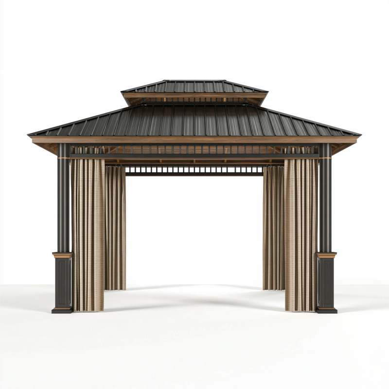 Gartenpavillon 300 x 300 x 290 cm Metall Anthrazit Braun Beige mit Vorhängen