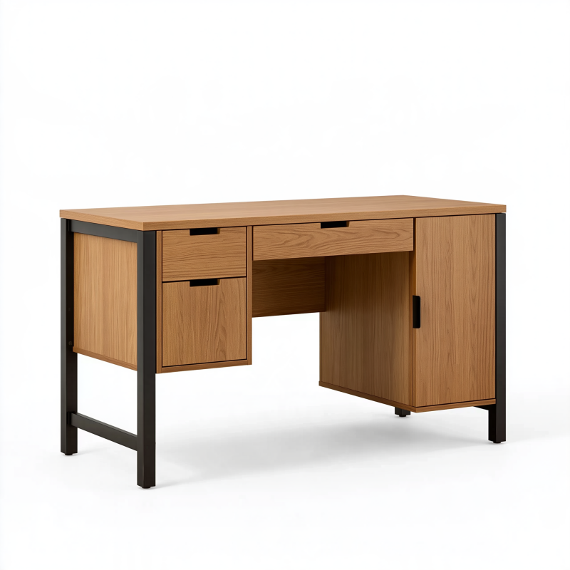 Schreibtisch 140 x 60 x 75 cm in Eiche/Schwarz mit Schubladen und Schranktür im Industrie-Stil