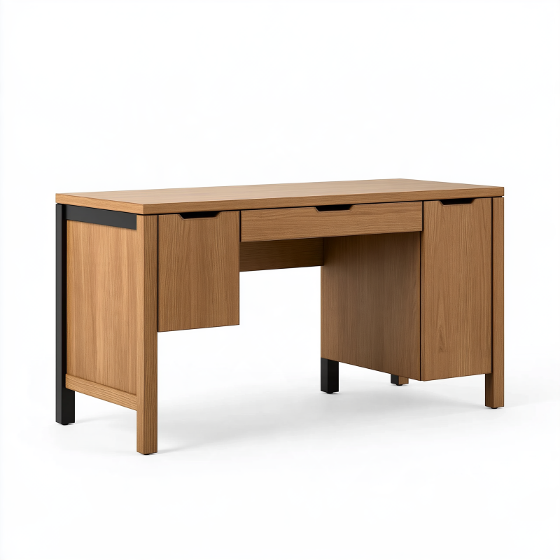 Schreibtisch 140 x 60 x 75 cm Holzoptik Braun mit Schublade und Türen Industriestil