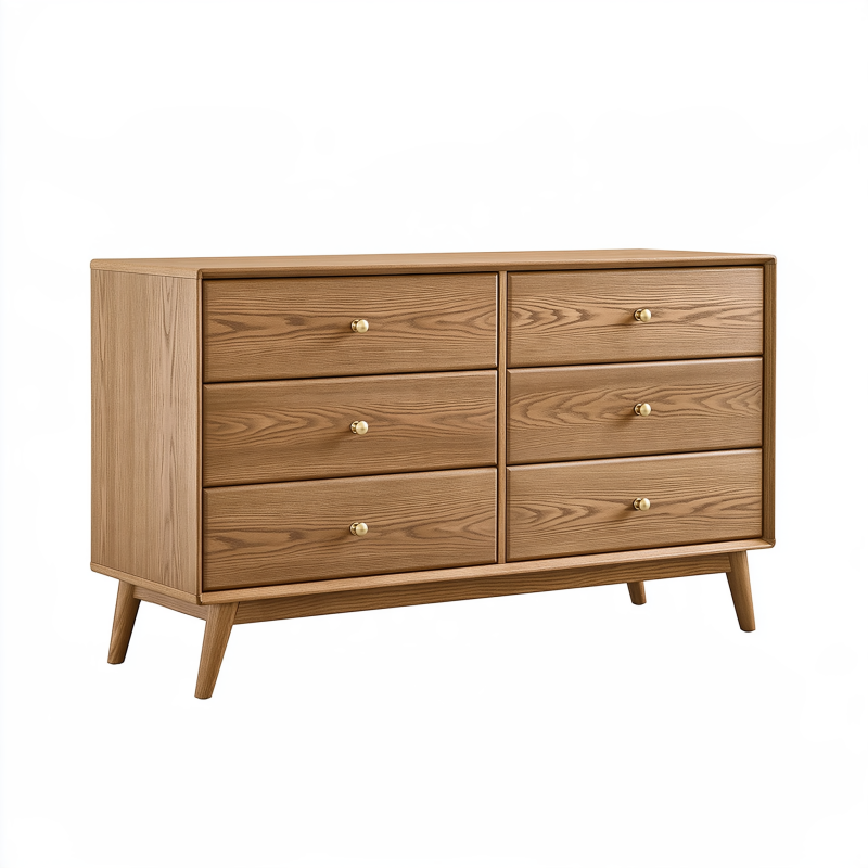 Kommode 160 x 45 x 85 cm aus Holz in Natur mit 6 Schubladen im Mid-Century-Stil