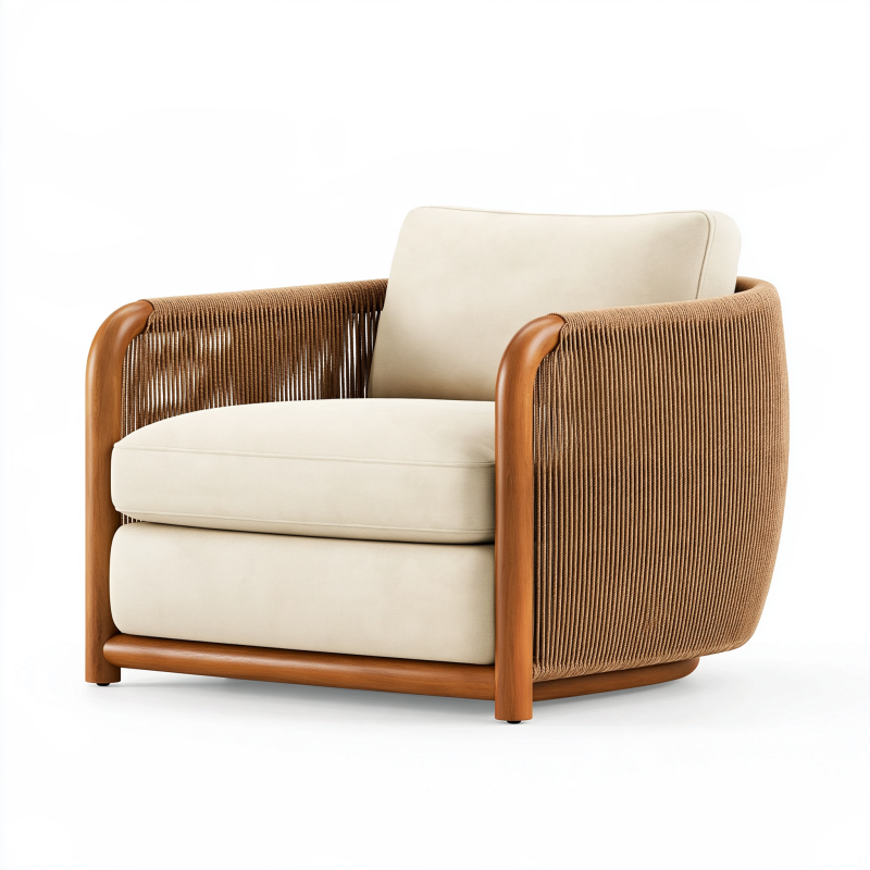Sessel 85 x 80 x 75 cm aus Holz und Kordel in Beige Braun - Loungesessel mit gepolstertem Sitz