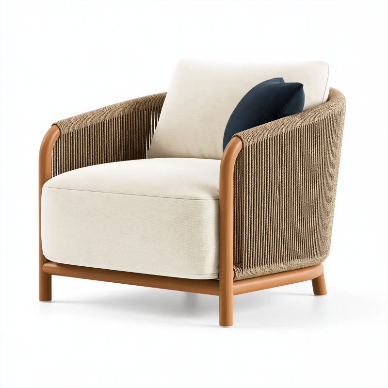 Sessel 78 x 82 x 78 cm mit Seilgeflecht Holzgestell Beige Braun für Wohnzimmer im modernen Stil