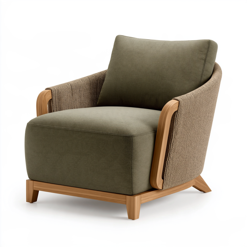 Sessel 100 x 85 x 88 cm aus Webstoff und Holz in Olivgrün Braun - gepolsterter Loungesessel