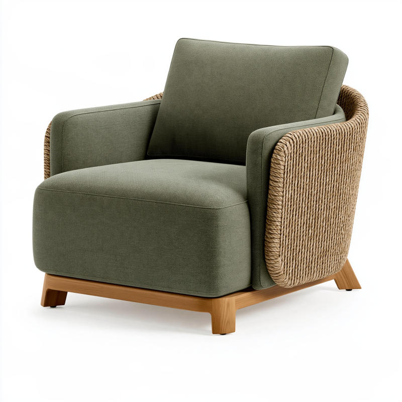 Sessel 88 x 85 x 83 cm olivgrüner Stoff mit Seilgeflecht und Holzgestell im modernen Stil