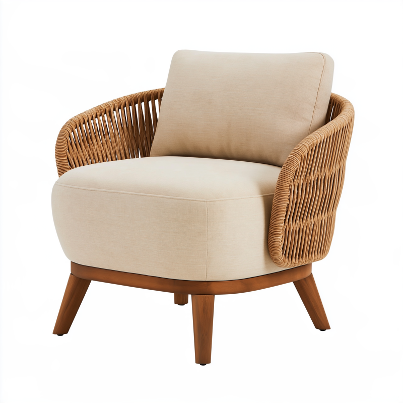 Sessel 75 cm Beige mit Rattangeflecht Holzgestell und gepolstertem Sitz im Boho-Stil